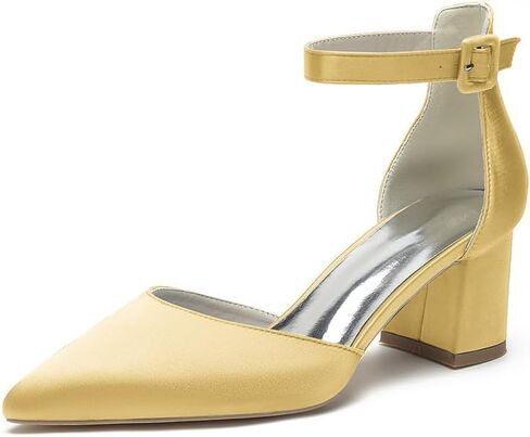 Wome's Pointed Toe Low Chunky Heels Satin Block Ankle Strap Pumps Wedding Bridal Party Dress Shoes in Saudi Arabia