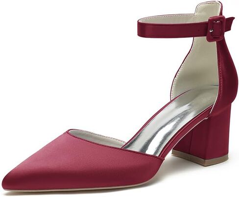 Wome's Pointed Toe Low Chunky Heels Satin Block Ankle Strap Pumps Wedding Bridal Party Dress Shoes in Saudi Arabia