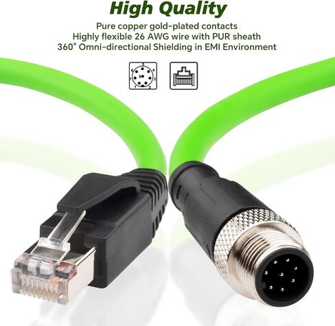 M12 8 Pin to RJ45 Shielded Cable Cat6a, Industrial Field-wireable M12 8 Pin A Code Male to RJ45 Ethernet CAT6a Cable Assembly 6.6Ft Shielded Patch Cord for Automation Application in Saudi Arabia