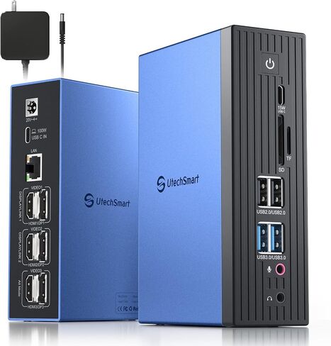 محطة إرساء UtechSmart 3 شاشات، قاعدة إرساء 18 في 1 4K@60 هرتز لـ Thunderbolt 3/4، USB-C Windows وMacBook، قاعدة كمبيوتر محمول USB C مع مصدر طاقة 100 واط، 3 * HDMI أو DisplayPort، 4X منافذ USB رمادي in Kuwait
