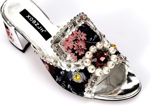 صنادل فستان سهرة للسيدات أحذية مصممة فاخرة بكعب عريض لحفلات الزفاف صنادل بكعب منخفض حجر الراين 2.6 بوصة in Kuwait