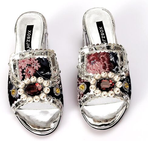 صنادل فستان سهرة للسيدات أحذية مصممة فاخرة بكعب عريض لحفلات الزفاف صنادل بكعب منخفض حجر الراين 2.6 بوصة in Kuwait