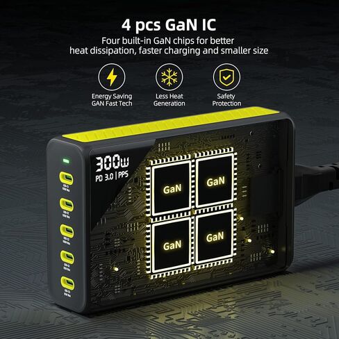 HUNDA 300W USB C شاحن GaN محطة شحن سطح المكتب 5 منافذ PD 100W محول طاقة سريع يدعم PD3.0 /PPS 45W /QC5 لأجهزة MacBook Pro/Air، iPhone 15 Pro، Samsung، HP، Dell إلخ in Kuwait