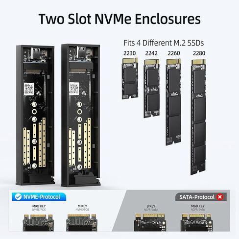 حاوية SANZNAG NVMe M.2 SSD مع ناقل حركة بسرعة 10 جيجابت في الثانية، حاوية USB3.2 Dual NVME SSD، محول NVME إلى USB لـ 2230 2242 2260 2280 M.2 PCIe NVMe M-Key & M+B Key SSD (بدون أدوات، 2 بوصة -1 كابل) in Kuwait
