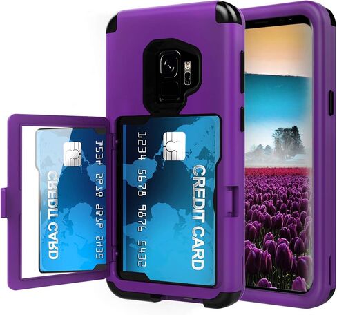 Sumsung Galaxy S9 Case, Galaxy S9 Case Shockproof Heavy-Duty Protective Hybrid Cover with Card Slot Holder and Opened Back Mirror & Kickstand Case for Samsung (Purple-B) in Kuwait