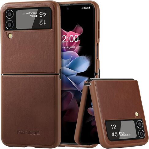 KEZiHOME Genuine Leather Cellular Phone Case, Samsung Galaxy Z Flip 4 Compatible, Slim Thin Shockproof Protective Cover, Black in Saudi Arabia