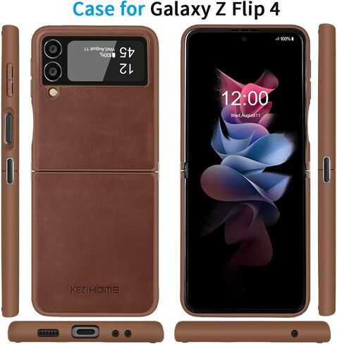 KEZiHOME Genuine Leather Cellular Phone Case, Samsung Galaxy Z Flip 4 Compatible, Slim Thin Shockproof Protective Cover, Black in Saudi Arabia