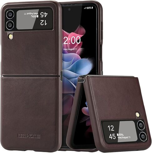 KEZiHOME Genuine Leather Cellular Phone Case, Samsung Galaxy Z Flip 4 Compatible, Slim Thin Shockproof Protective Cover, Black in Saudi Arabia