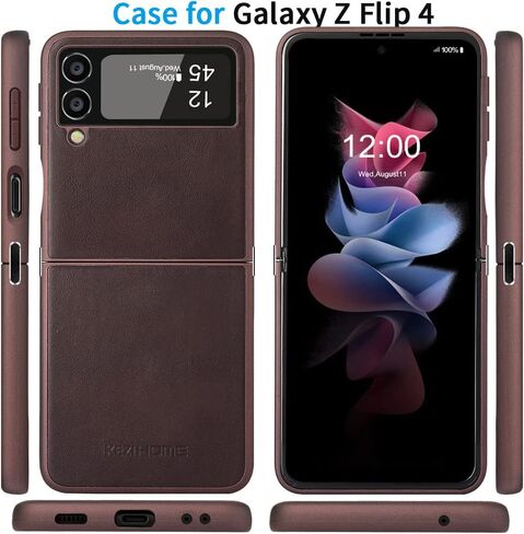 KEZiHOME Genuine Leather Cellular Phone Case, Samsung Galaxy Z Flip 4 Compatible, Slim Thin Shockproof Protective Cover, Black in Saudi Arabia