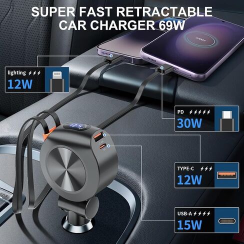Retractable Car Charger, 69W 4 in 1 Fast Phone Car Charging Adapter, Multi USB C PD Retractable Cables Cord Cigarette Lighter Compatible with iPhone 15/14/13/12/11/Pro Max Galaxy Google in Saudi Arabia
