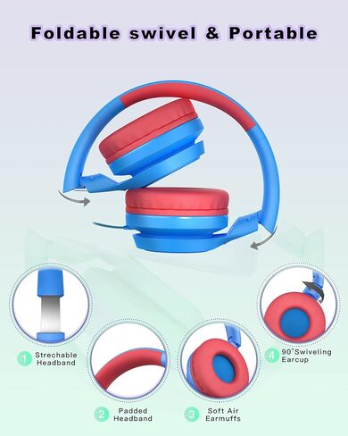 LORELEI E7 On-Ear Wired Headphones with Microphone with 1.45m Tangle-free Nylon Line&3.5mm Plug, Lightweight Foldable Headphones for Kids for School,Tablet,Computer,Mp3/4 (Blue-Red) in Kuwait
