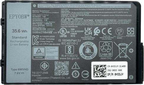 بطارية كمبيوتر محمول 6WVHD 35.6Wh 4457mAh 4-Cell 7.6V متوافقة مع DELL Latitude 7230 Rugged Extreme Tablet / T06H T06H001 Series FNW8F 0VDDJY VDDJY 0JM6CX JM6CX 451-BDDY in Saudi Arabia