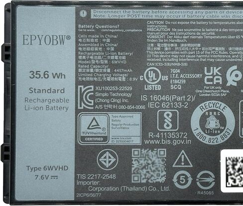 بطارية كمبيوتر محمول 6WVHD 35.6Wh 4457mAh 4-Cell 7.6V متوافقة مع DELL Latitude 7230 Rugged Extreme Tablet / T06H T06H001 Series FNW8F 0VDDJY VDDJY 0JM6CX JM6CX 451-BDDY in Saudi Arabia