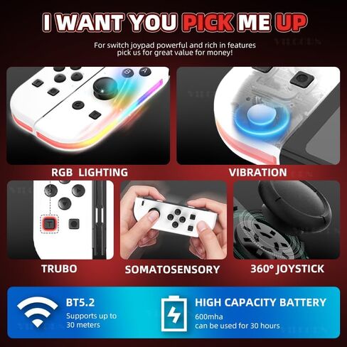 وحدة تحكم Joypad L/R Pro بديلة من VILCORN متوافقة مع Switch Oled Lite Joypad لوحة ألعاب قابلة للفصل مع مقبض شحن جيروسكوبي 6 محاور لجهاز الكمبيوتر Yuzu in Kuwait
