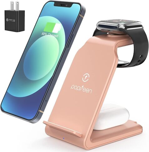 شاحن لاسلكي، محطة شحن لاسلكية 3 في 1 لهواتف iPhone 13/12/11 Pro Max/X/Xs Max/8/8 Plus، شاحن iwatch اللاسلكي لـ iWatch 7/6/5/4/3/2/se، AirPods 3 /2/برو (ذهبي وردي) in Saudi Arabia