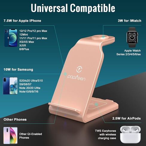 شاحن لاسلكي، محطة شحن لاسلكية 3 في 1 لهواتف iPhone 13/12/11 Pro Max/X/Xs Max/8/8 Plus، شاحن iwatch اللاسلكي لـ iWatch 7/6/5/4/3/2/se، AirPods 3 /2/برو (ذهبي وردي) in Saudi Arabia