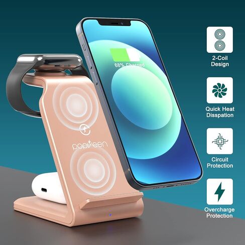 شاحن لاسلكي، محطة شحن لاسلكية 3 في 1 لهواتف iPhone 13/12/11 Pro Max/X/Xs Max/8/8 Plus، شاحن iwatch اللاسلكي لـ iWatch 7/6/5/4/3/2/se، AirPods 3 /2/برو (ذهبي وردي) in Saudi Arabia