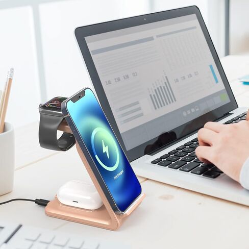 شاحن لاسلكي، محطة شحن لاسلكية 3 في 1 لهواتف iPhone 13/12/11 Pro Max/X/Xs Max/8/8 Plus، شاحن iwatch اللاسلكي لـ iWatch 7/6/5/4/3/2/se، AirPods 3 /2/برو (ذهبي وردي) in Saudi Arabia