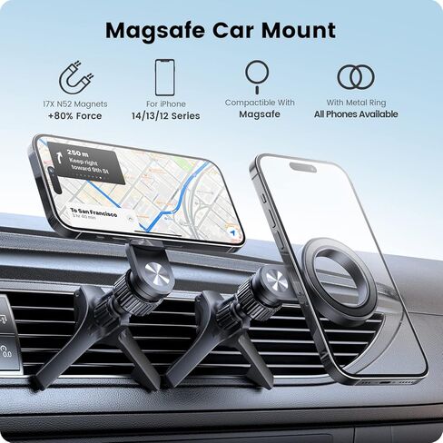 APPS2Car لحامل هاتف MagSafe Vent، حامل هاتف مغناطيسي لجميع السيارات، حامل مغناطيسي للسيارة، حامل هاتف للسيارة بفتحة تهوية لسلسلة iPhone 14/13/12، الشحن غير مدعوم in Kuwait