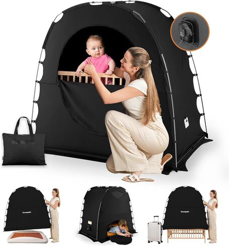 خيمة تعتيم للأطفال، غطاء تعتيم للنوم حزمة N Play، سرير سفر محمول وكبسولة نوم للأطفال مع حقيبة شاشة وحقيبة مروحة، كتل 95٪ + خفيفة، أسود in Kuwait