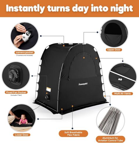 خيمة تعتيم للأطفال، غطاء تعتيم للنوم حزمة N Play، سرير سفر محمول وكبسولة نوم للأطفال مع حقيبة شاشة وحقيبة مروحة، كتل 95٪ + خفيفة، أسود in Kuwait