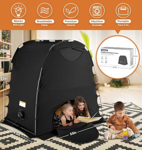 خيمة تعتيم للأطفال، غطاء تعتيم للنوم حزمة N Play، سرير سفر محمول وكبسولة نوم للأطفال مع حقيبة شاشة وحقيبة مروحة، كتل 95٪ + خفيفة، أسود in Kuwait