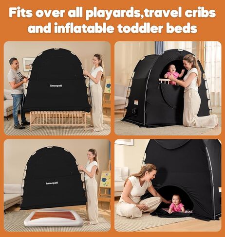 خيمة تعتيم للأطفال، غطاء تعتيم للنوم حزمة N Play، سرير سفر محمول وكبسولة نوم للأطفال مع حقيبة شاشة وحقيبة مروحة، كتل 95٪ + خفيفة، أسود in Kuwait