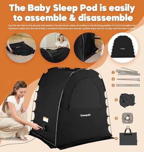 خيمة تعتيم للأطفال، غطاء تعتيم للنوم حزمة N Play، سرير سفر محمول وكبسولة نوم للأطفال مع حقيبة شاشة وحقيبة مروحة، كتل 95٪ + خفيفة، أسود in Kuwait