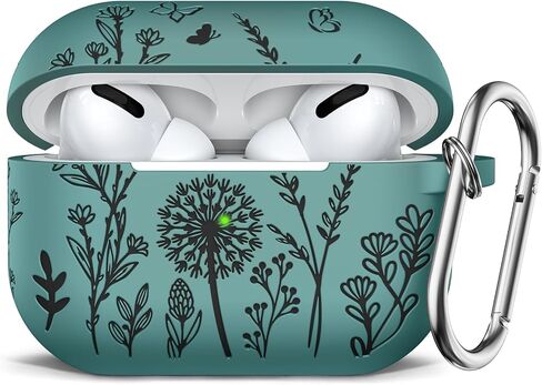 Minyee Flower Engraved Case Compatible with Airpods Pro 2nd Generation Case,Two-Tone Floral Soft Silicone Cute Protective Case Compatible with Airpods Pro 2nd/1st Generation Cover with Keychain,Green in Saudi Arabia