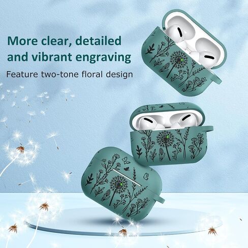 Minyee Flower Engraved Case Compatible with Airpods Pro 2nd Generation Case,Two-Tone Floral Soft Silicone Cute Protective Case Compatible with Airpods Pro 2nd/1st Generation Cover with Keychain,Green in Saudi Arabia