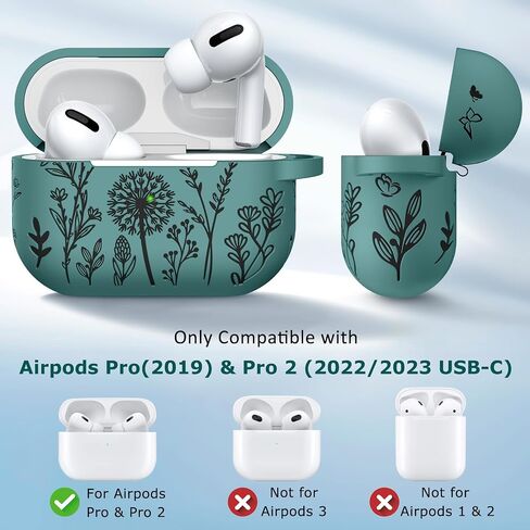 Minyee Flower Engraved Case Compatible with Airpods Pro 2nd Generation Case,Two-Tone Floral Soft Silicone Cute Protective Case Compatible with Airpods Pro 2nd/1st Generation Cover with Keychain,Green in Saudi Arabia