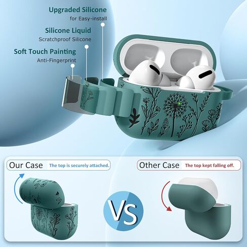 Minyee Flower Engraved Case Compatible with Airpods Pro 2nd Generation Case,Two-Tone Floral Soft Silicone Cute Protective Case Compatible with Airpods Pro 2nd/1st Generation Cover with Keychain,Green in Saudi Arabia