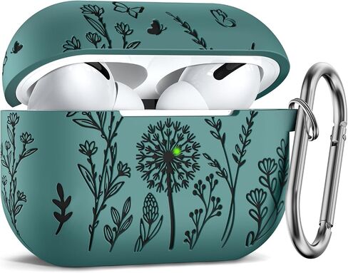 Minyee Flower Engraved Case Compatible with Airpods Pro 2nd Generation Case,Two-Tone Floral Soft Silicone Cute Protective Case Compatible with Airpods Pro 2nd/1st Generation Cover with Keychain,Green in Saudi Arabia