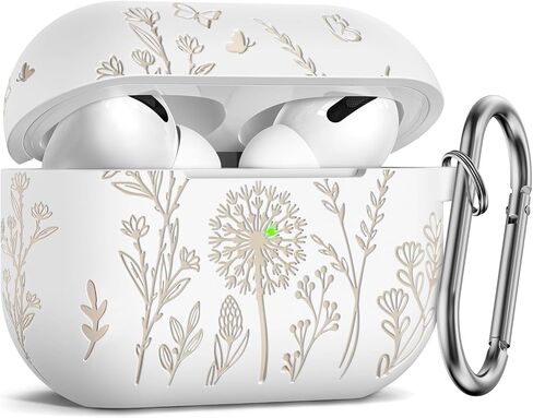 Minyee Flower Engraved Case Compatible with Airpods Pro 2nd Generation Case,Two-Tone Floral Soft Silicone Cute Protective Case Compatible with Airpods Pro 2nd/1st Generation Cover with Keychain,Green in Saudi Arabia