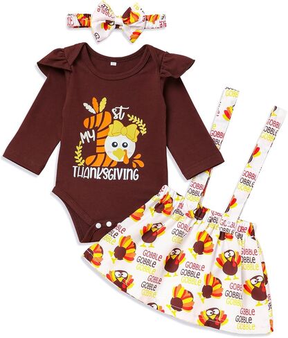 My First Thanksgiving, Newborn Baby Girl Thanksgiving Outfit, Romper Skirt Headband Clothes Set in Saudi Arabia