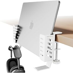 Desk Side Laptop Holder, Desk Side Storage, No Drill Side Desk Organizer, Side Desk Laptop Mount, Tablets Hanging Holder, Clamp on Desk Organizer for Laptops/Tablets/Keyboards/Headphone, White