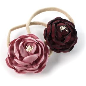 Baby Girl Ranunculus Flower Stretchy Nylon Elastic Headbands Set 2pcs - Small - Rosy Mauve/Burgundy