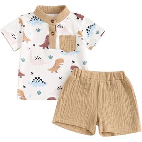 Toddler Baby Boy Summer Outfits Dinosaur Print Short Sleeve Band Collar T-Shirt Top Shorts Set Infant Casual Clothes