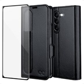 جراب محفظة لهاتف Samsung Galaxy Z Fold 5 5G مع حامل قلم S، [إصدار محدث] حافظة قلاب من جلد البولي يوريثان، وفتحات للبطاقات، وحجب RFID، ومسند، وغطاء هاتف لهاتف Galaxy Z Fold5 2023- أسود