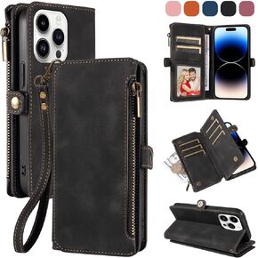 LBYZCASE for iPhone 14 5G 6.1'' Wallet Case with Zipper Credit Card Holder[RFID Blocking],Flip Folio Book Retro Leather Phone Case Cover for iPhone 14;Black