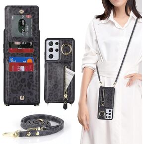 Samsung Galaxy S21 Ultra Case with Card Holder for Women, Galaxy S21 Ultra Phone Case Wallet with Strap Credit Card Slots Crossbody with Zipper Shockproof Case for S21Ultra - Black
