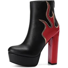 Frankie Hsu Women's Large Size Red Patent Leather Flame Fire Sexy Platform Chunky Block High Heels Ankle Heeled Bootie Shoes
