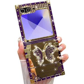 for Samsung Galaxy Z Flip 6 5G Case Glitter Kickstand Case,Cute Luxury Bling Sparkly Rhinestones Butterfly Stand Mirror Back Elegant Shockproof Case for Women Girls for Galaxy Z Flip 6, Black