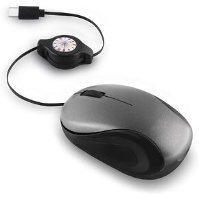 HXMJ USB C Wired Mini Mouse,Small Travel Mice with Retractable Cable-Gray