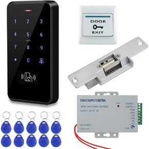 HFeng RFID Access Control System Kit Outdoor IP68 Waterproof Access Control Keypad + NC Fail Safe Electric Strike Locks + DC12V Power Supply + 10pcs 125KHz EM4100 Keyfobs Cards
