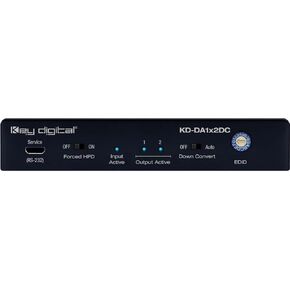 KD-DA1X2DC: 2 Output HDMI Splitter Distribution Amp with 4K 18Gbps bandwidth, HDR, HDCP 2.2, optional 4K to 1080p down-convert, feeds video source to 2 HDMI displays