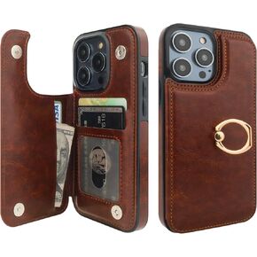 for iPhone 14 Pro Wallet Case with Card Holder, 360° Rotation Ring Kickstand RFID Blocking PU Leather Double Magnetic Clasp Shockproof Cover for Women and Girls 6.1 Inch (White)