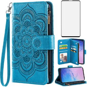 Asuwish Compatible with Samsung Galaxy S10 Wallet Case and Tempered Glass Screen Protector Flip Credit Card Holder Cell Accessories Phone Cover for Glaxay S 10 Edge Gaxaly 10S GS10 X10 Women Purple