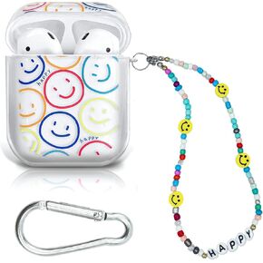 Airpods Case Cover Clear AirPod Case Soft TPU Protective Cover for AirPods 2 & 1 Charging Case with Bracelet Lanyard Wrist Strap (Smiley Face)