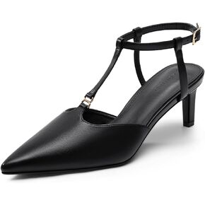 Coutgo Womens Kitten Heels T Strap Closed Pointed Toe Pumps Low Heel Ankle Strap Comfortable Dress Shoes